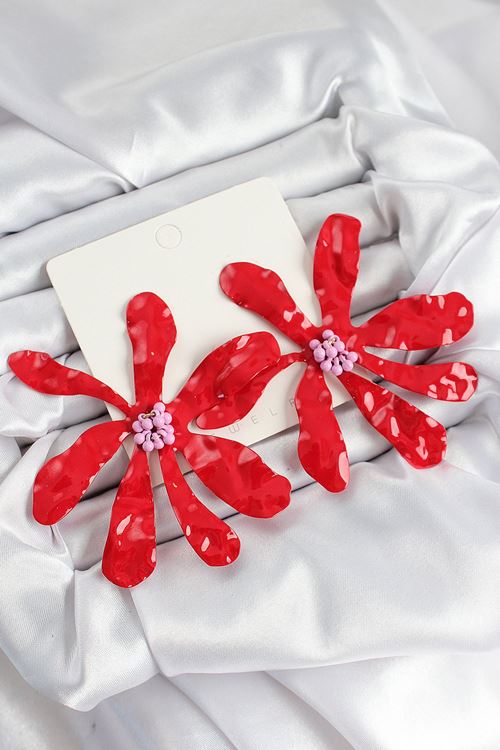 YRTCL Pirinç Büyük Kırmızı Çiçek Model Kadın Küpe