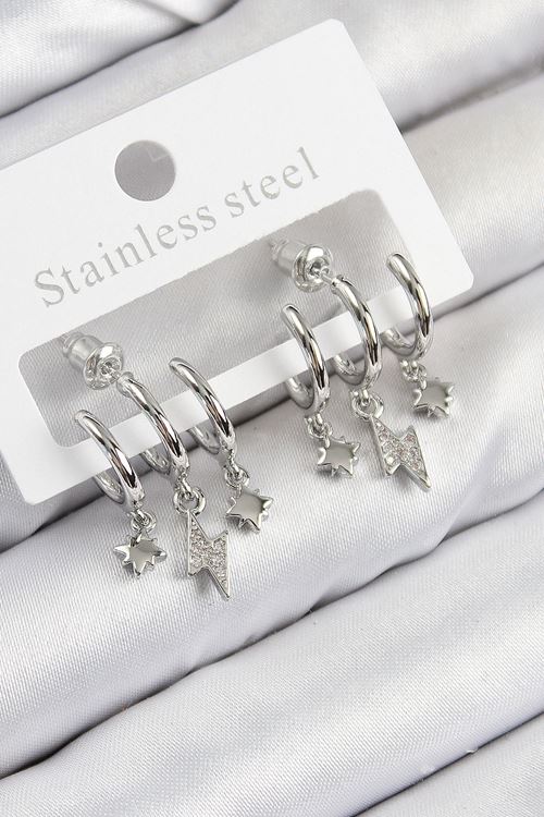 YRTCL Pirinç Zirkon Taşlı Şimşek Model Gümüş Renk Kadın Küpe