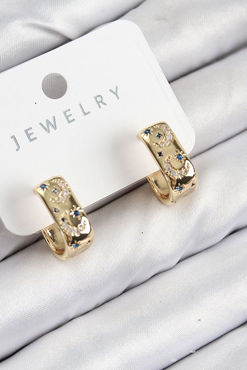 YRTCL Pirinç Zirkon Taşlı Ay Desenli Model Gold Renk Kadın Küpe