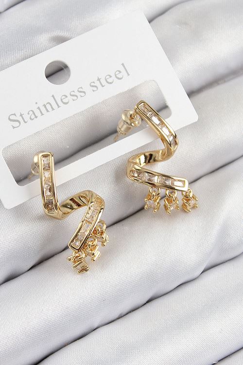 YRTCL Pirinç Zirkon Taşlı Kıvrımlı Model Gold Renk Kadın Küpe