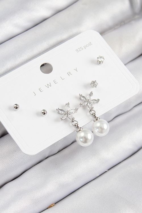 YRTCL Pirinç Zirkon Taşlı İnci Sallantılı Çiçek Model Gümüş Renk 925 Ayar Gümüş Çivi Kadın Küpe Set