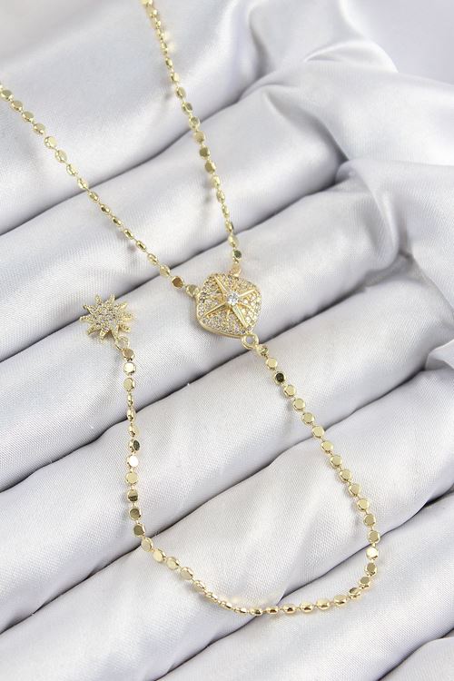 YRTCL Pirinç Zirkon Taşlı Ezme Zincirli Madalyon Model Gold Renk Y Kolye