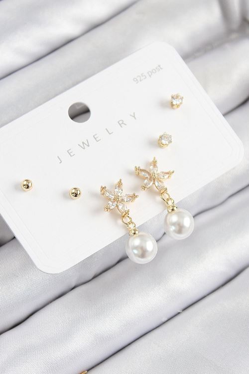 YRTCL Pirinç Zirkon Taşlı İnci Sallantılı Çiçek Model Gümüş Renk 925 Ayar Gümüş Çivi Kadın Küpe Set