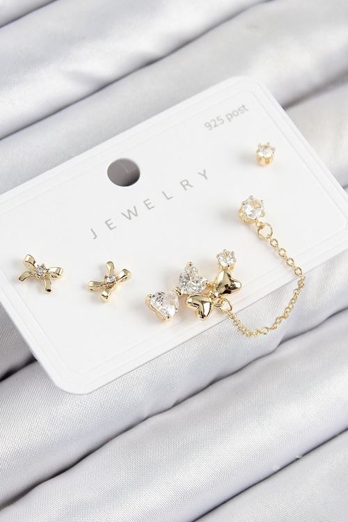 YRTCL Pirinç Zirkon Taşlı Fiyonk Model Gold Renk 925 Ayar Gümüş Çivi Kadın Küpe Set