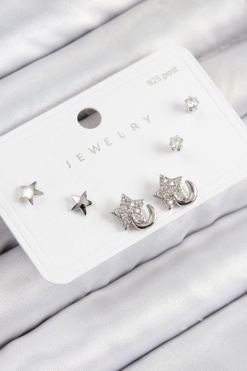 YRTCL Pirinç Zirkon Taşlı Yıldız Model Gümüş Renk 925 Ayar Gümüş Çivi Kadın Küpe Set