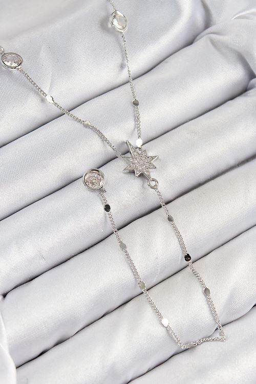 YRTCL Pirinç Zirkon Taşlı Kutup Yıldızı Model Gümüş Renk Y Kolye