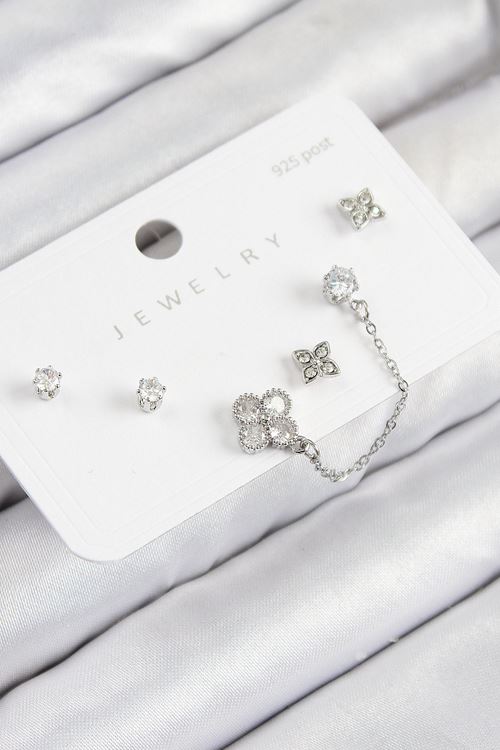 YRTCL Pirinç Zirkon Taşlı Yonca Model Gümüş Renk 925 Ayar Gümüş Çivi Kadın Küpe Set