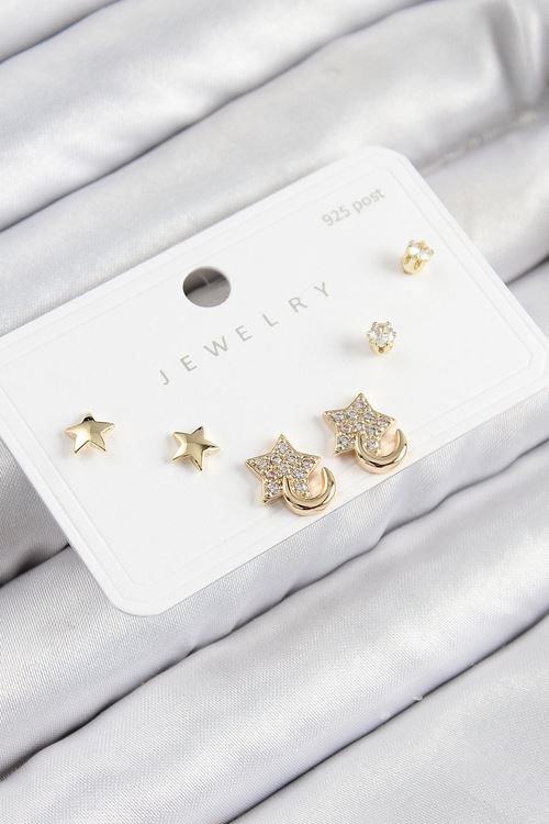 YRTCL Pirinç Zirkon Taşlı Yıldız Model Gold Renk 925 Ayar Gümüş Çivi Kadın Küpe Set