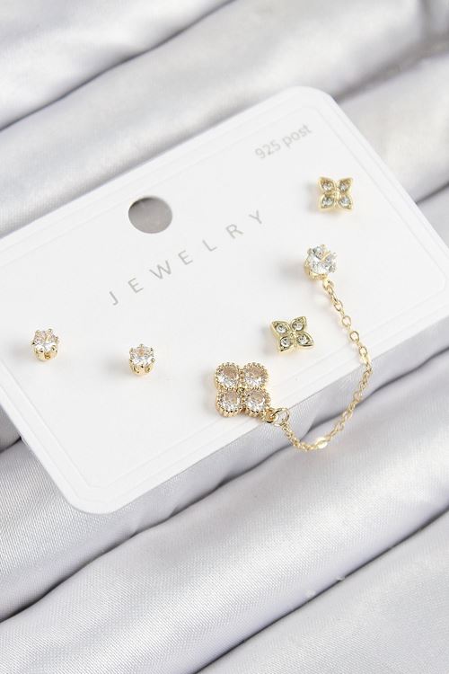 YRTCL Pirinç Zirkon Taşlı Yonca Model Gold Renk 925 Ayar Gümüş Çivi Kadın Küpe Set