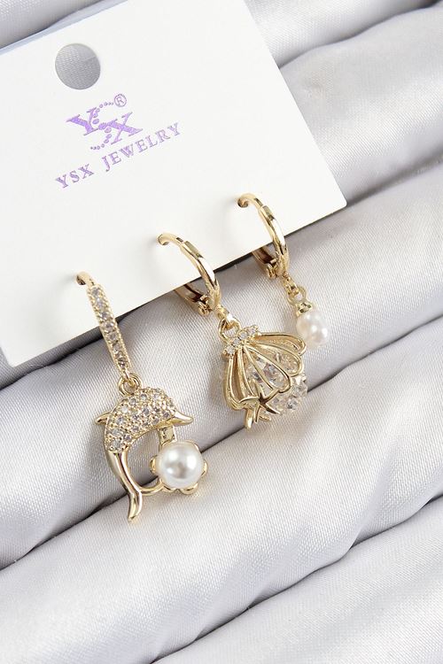 YRTCL Pirinç Zirkon Taşlı 3'lü Yunus Balığı Ve İstiridye Model Gold Renk Kadın Küpe