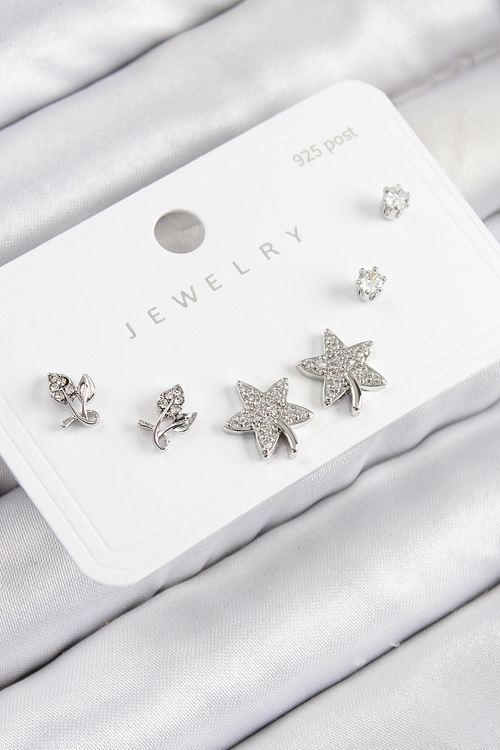 YRTCL Pirinç Zirkon Taşlı Yıldız Ve Gül Model Gümüş Renk 925 Ayar Gümüş Çivi Kadın Küpe Set