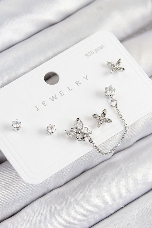 YRTCL Pirinç Zirkon Taşlı Kelebek Model Gümüş Renk 925 Ayar Gümüş Çivi Kadın Küpe Set