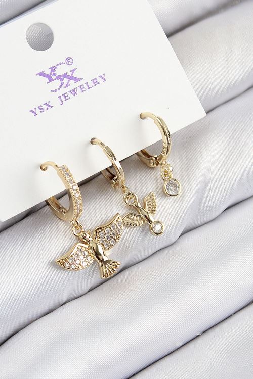 YRTCL Pirinç Zirkon Taşlı 3'lü Kuş Model Gold Renk Kadın Küpe