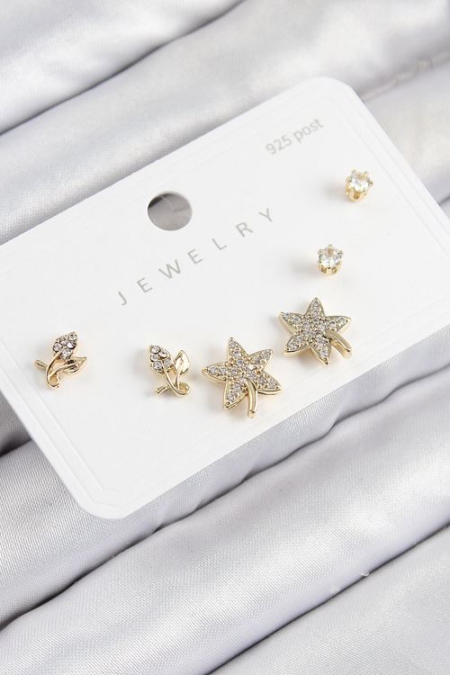 YRTCL Pirinç Zirkon Taşlı Yıldız Ve Gül Model Gold Renk 925 Ayar Gümüş Çivi Kadın Küpe Set