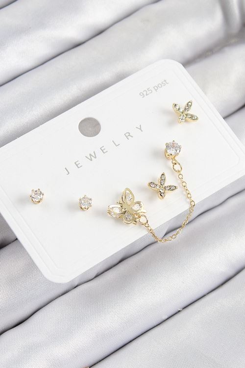 YRTCL Pirinç Zirkon Taşlı Kelebek Model Gold Renk 925 Ayar Gümüş Çivi Kadın Küpe Set