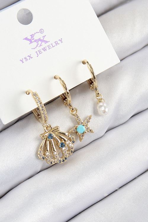 YRTCL Pirinç Zirkon Taşlı 3'lü İstiridye Ve Yıldız Model Gold Renk Kadın Küpe