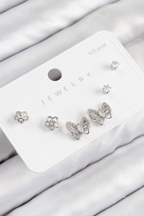 YRTCL Pirinç Zirkon Taşlı Kelebek Model Gümüş Renk 925 Ayar Gümüş Çivi Kadın Küpe Set