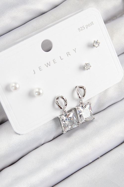 YRTCL Pirinç Zirkon Taşlı Sallantılı Kare Model Gümüş Renk 925 Ayar Gümüş Çivi Kadın Küpe Set