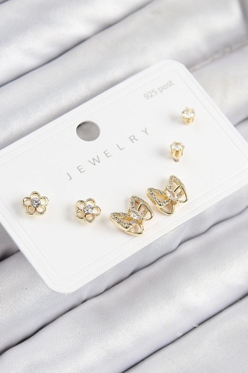 YRTCL Pirinç Zirkon Taşlı Kelebek Model Gold Renk 925 Ayar Gümüş Çivi Kadın Küpe Set