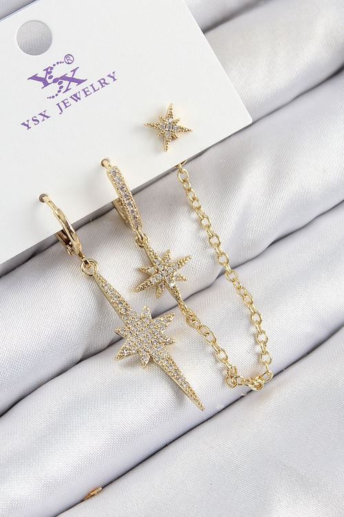 YRTCL Pirinç Zirkon Taşlı 3'lü Kutup Yıldızı Model Gold Renk Kadın Küpe