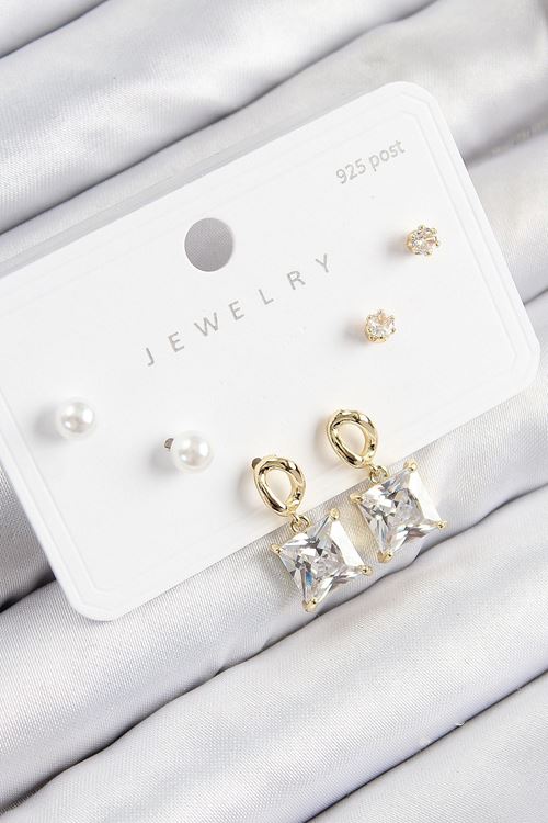 YRTCL Pirinç Zirkon Taşlı Sallantılı Kare Model Gold Renk 925 Ayar Gümüş Çivi Kadın Küpe Set