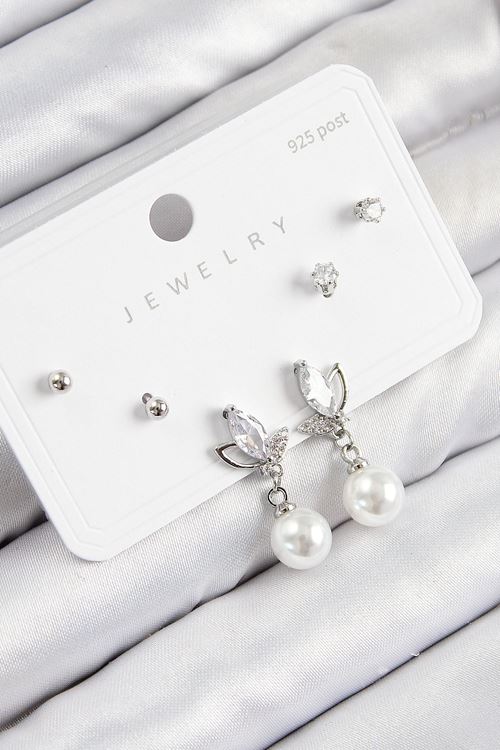 YRTCL Pirinç Zirkon Taşlı İnci Sallantılı Damla Model Gümüş Renk 925 Ayar Gümüş Çivi Kadın Küpe Set