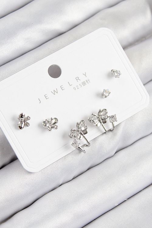 YRTCL Pirinç Zirkon Taşlı Kelebek Model Gümüş Renk 925 Ayar Gümüş Çivi Kadın Küpe Set