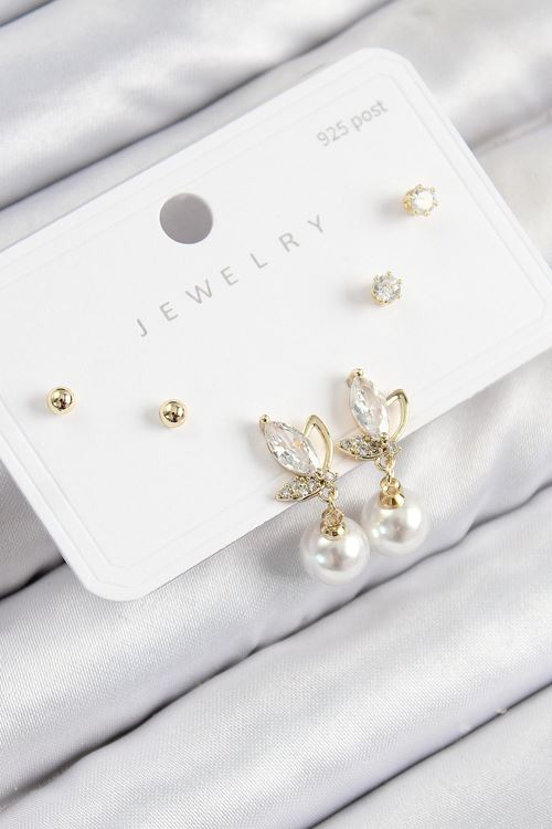 YRTCL Pirinç Zirkon Taşlı İnci Sallantılı Damla Model Gold Renk 925 Ayar Gümüş Çivi Kadın Küpe Set