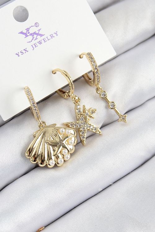 YRTCL Pirinç Zirkon Taşlı 3'lü İstiridye Ve Yıldız Model Gold Renk Kadın Küpe