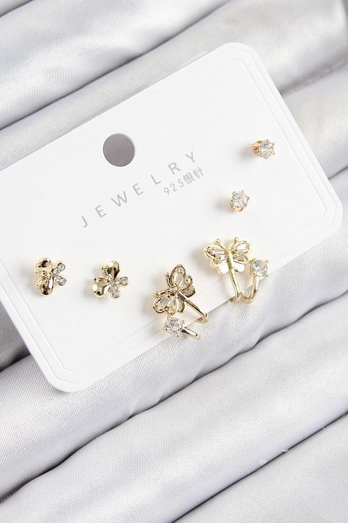 YRTCL Pirinç Zirkon Taşlı Kelebek Model Gold Renk 925 Ayar Gümüş Çivi Kadın Küpe Set