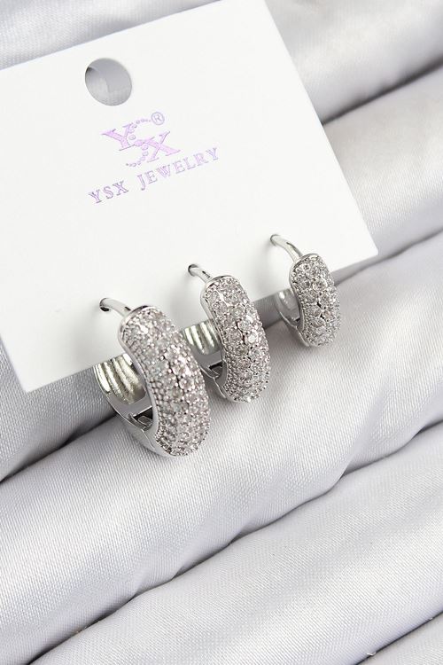 YRTCL Pirinç Zirkon Taşlı 3'lü Halka Model Gümüş Renk Kadın Küpe