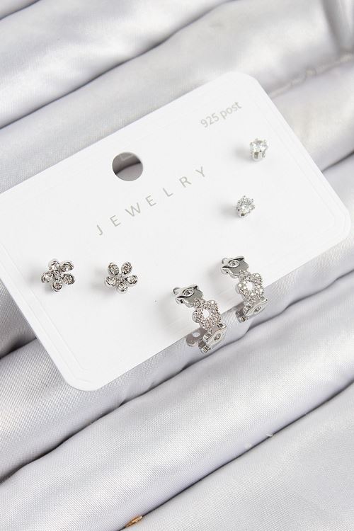 YRTCL Pirinç Zirkon Taşlı Halka Model Gümüş Renk 925 Ayar Gümüş Çivi Kadın Küpe Set