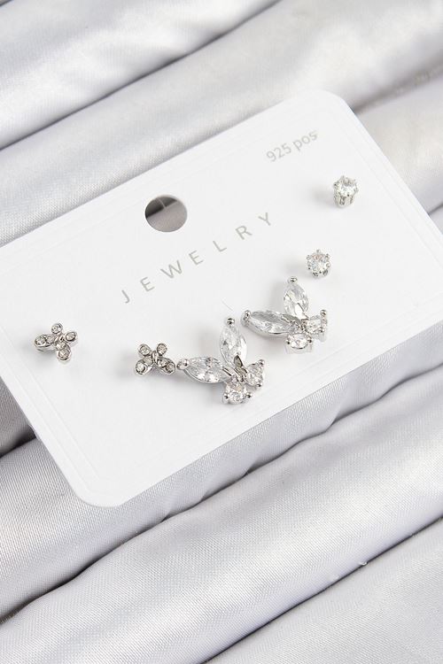 YRTCL Pirinç Zirkon Taşlı Kelebek Model Gümüş Renk 925 Ayar Gümüş Çivi Kadın Küpe Set