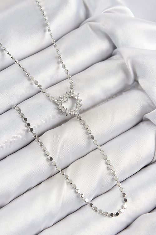 YRTCL Pirinç Zirkon Taşlı Ezme Zincirli Kalp Model Gümüş Renk Y Kolye