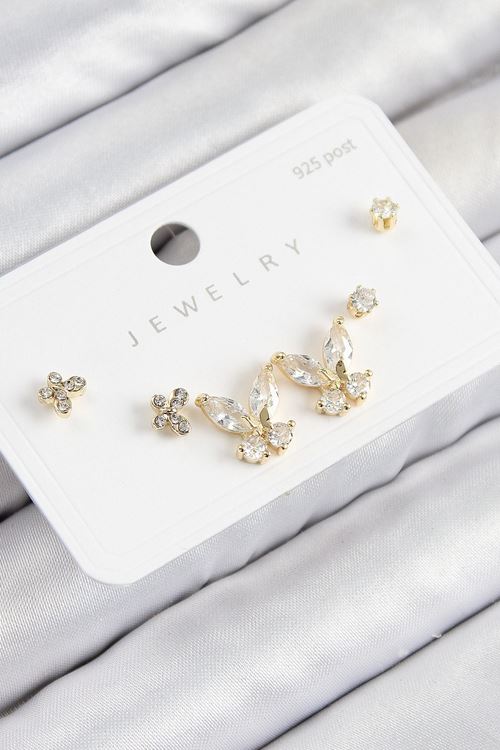 YRTCL Pirinç Zirkon Taşlı Kelebek Model Gold Renk 925 Ayar Gümüş Çivi Kadın Küpe Set