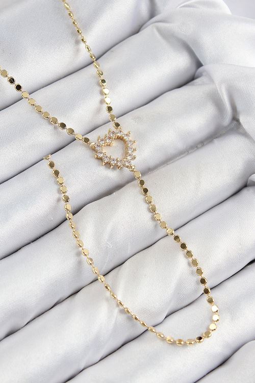 YRTCL Pirinç Zirkon Taşlı Ezme Zincirli Kalp Model Gold Renk Y Kolye