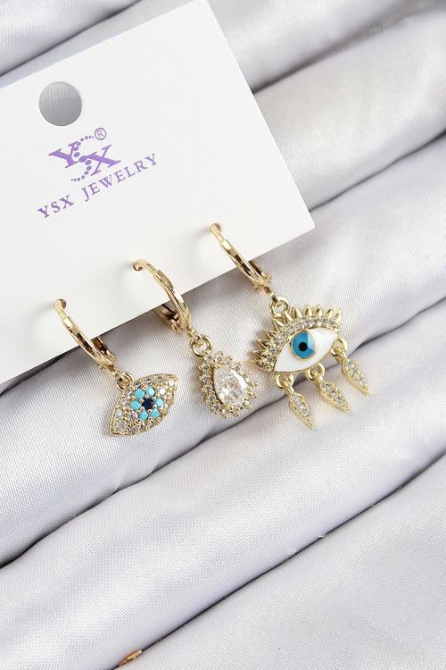 YRTCL Pirinç Zirkon Taşlı 3'lü Fatma'nın Gözü Model Gold Renk Kadın Küpe