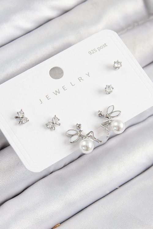 YRTCL Pirinç Zirkon Taşlı İnci Melek Model Gümüş Renk 925 Ayar Gümüş Çivi Kadın Küpe Set