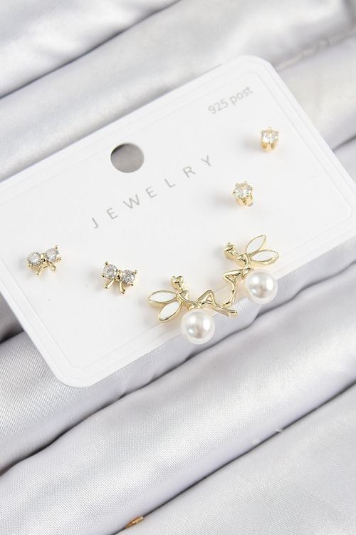 YRTCL Pirinç Zirkon Taşlı İnci Melek Model Gold Renk 925 Ayar Gümüş Çivi Kadın Küpe Set