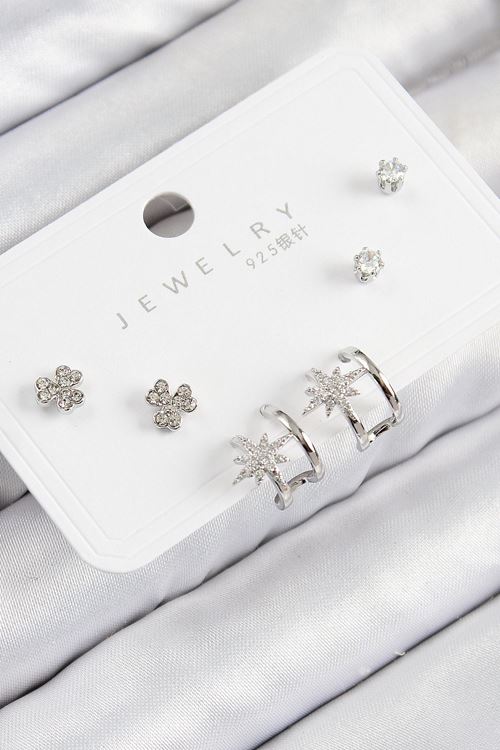 YRTCL Pirinç Zirkon Taşlı Kutup Yıldızı Model Gümüş Renk 925 Ayar Gümüş Çivi Kadın Küpe Set