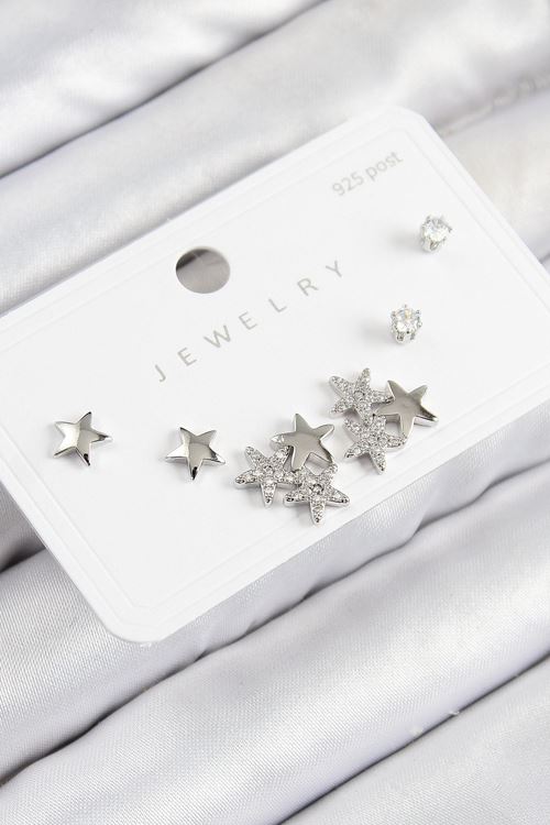 YRTCL Pirinç Zirkon Taşlı Yıldız Model Gümüş Renk 925 Ayar Gümüş Çivi Kadın Küpe Set