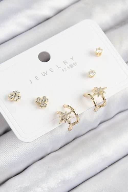 YRTCL Pirinç Zirkon Taşlı Kutup Yıldızı Model Gold Renk 925 Ayar Gümüş Çivi Kadın Küpe Set