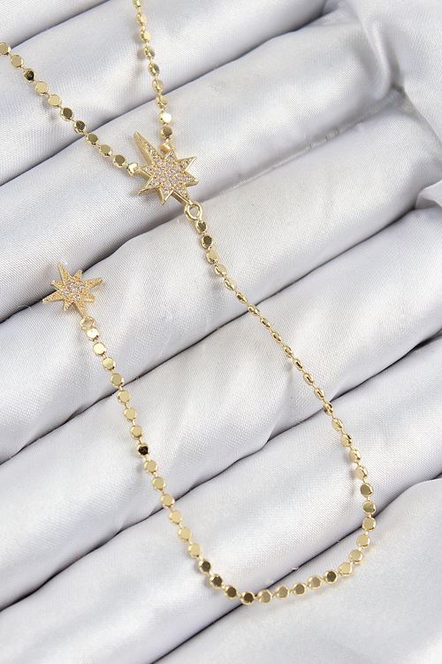 YRTCL Pirinç Zirkon Taşlı Ezme Zincirli Kutup Yıldızı Model Gold Renk Y Kolye