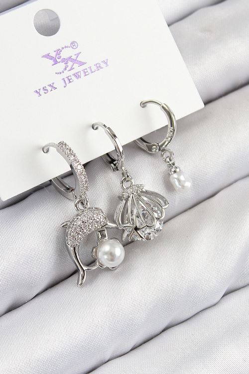 YRTCL Pirinç Zirkon Taşlı 3'lü Yunus Balığı Ve İstiridye Model Gümüş Renk Kadın Küpe