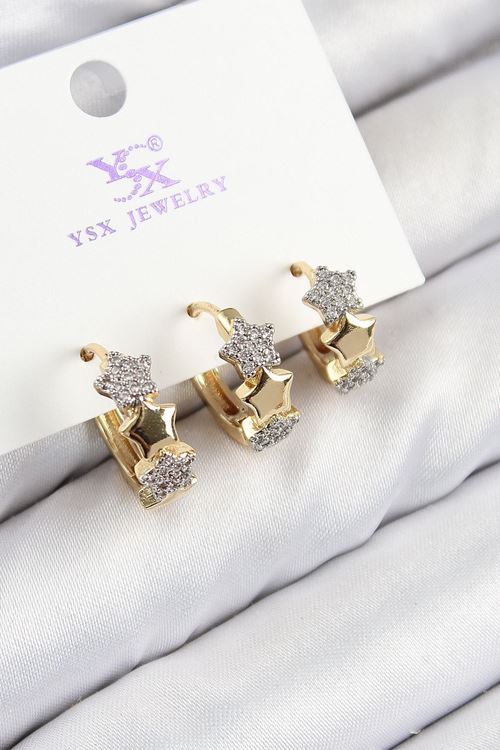 YRTCL Pirinç Zirkon Taşlı 3'lü Halka Yıldız Model Gold Ve Gümüş Renk Kadın Küpe