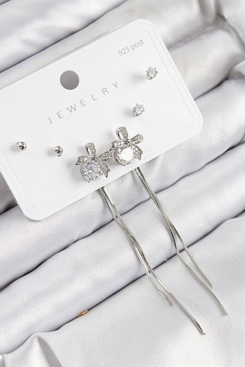 YRTCL Pirinç Zirkon Taşlı Sallantılı Fiyonk Model Gümüş Renk 925 Ayar Gümüş Çivi Kadın Küpe Set