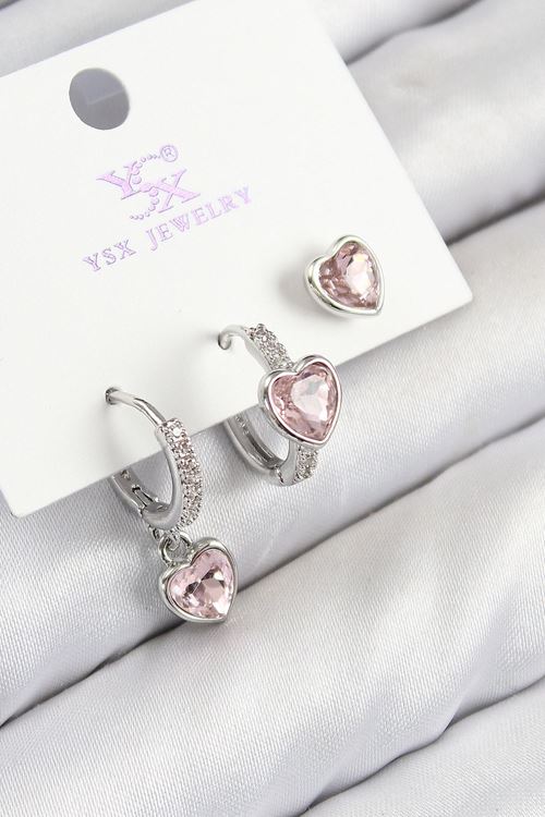 YRTCL Pirinç Zirkon Taşlı 3'lü Pembe Kalp Model Gümüş Renk Kadın Küpe