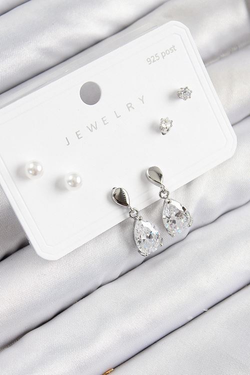 YRTCL Pirinç Zirkon Taşlı Sallantılı Damla Model Gümüş Renk 925 Ayar Gümüş Çivi Kadın Küpe Set