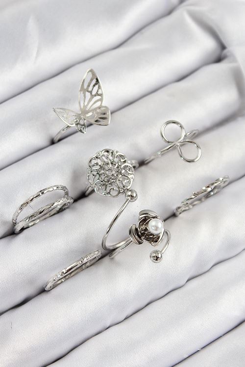 YRTCL Pirinç Gül Kelebek Model Gümüş Renk Kadın Yüzük Kombin Set