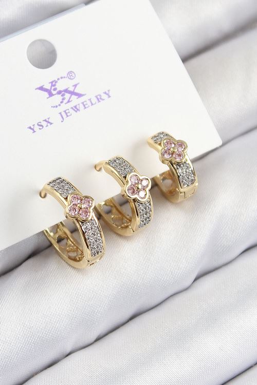 YRTCL Pirinç Zirkon Taşlı 3'lü Halka Yonca Model Gold Ve Gümüş Renk Kadın Küpe